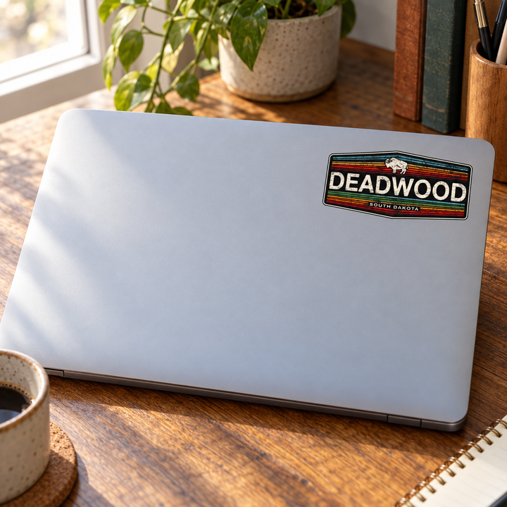 Deadwood Vintage Stripe Bison Banner Sticker on a laptop cover — realistic scale lifestyle display; accessories not included