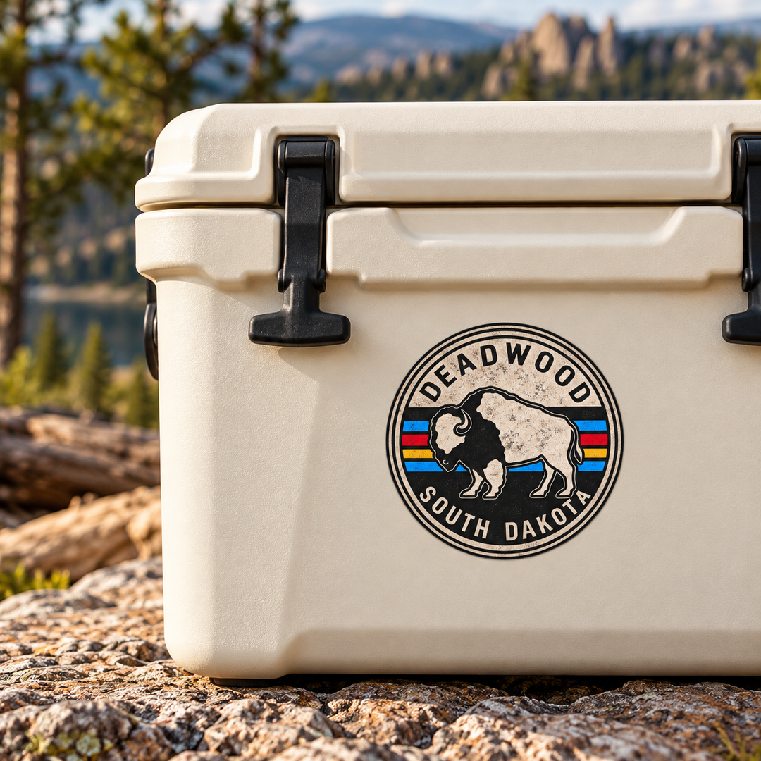 Deadwood Vintage Stripe Bison Round Sticker on a cooler — lifestyle display mockup; accessories not included