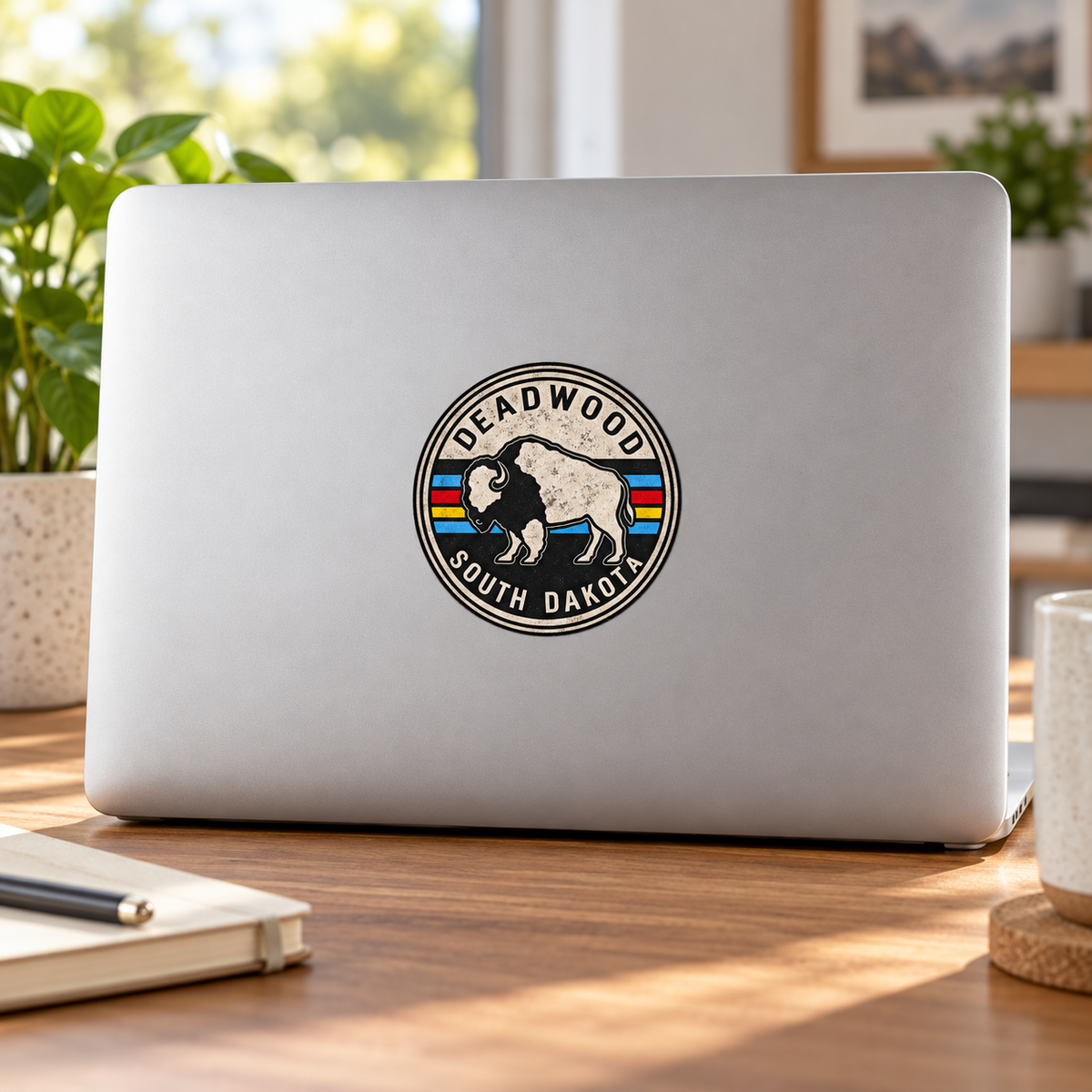 Deadwood Vintage Stripe Bison Round Sticker on a laptop — lifestyle display mockup; accessories not included