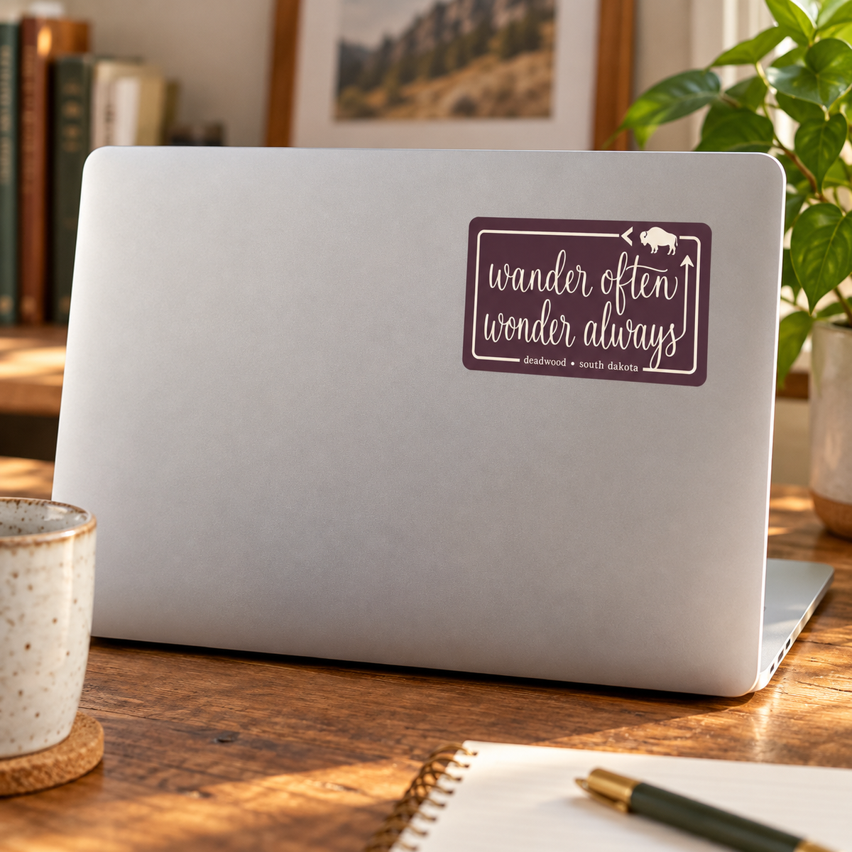 Deadwood Wander Often Wonder Always sticker on a laptop — lifestyle mockup
