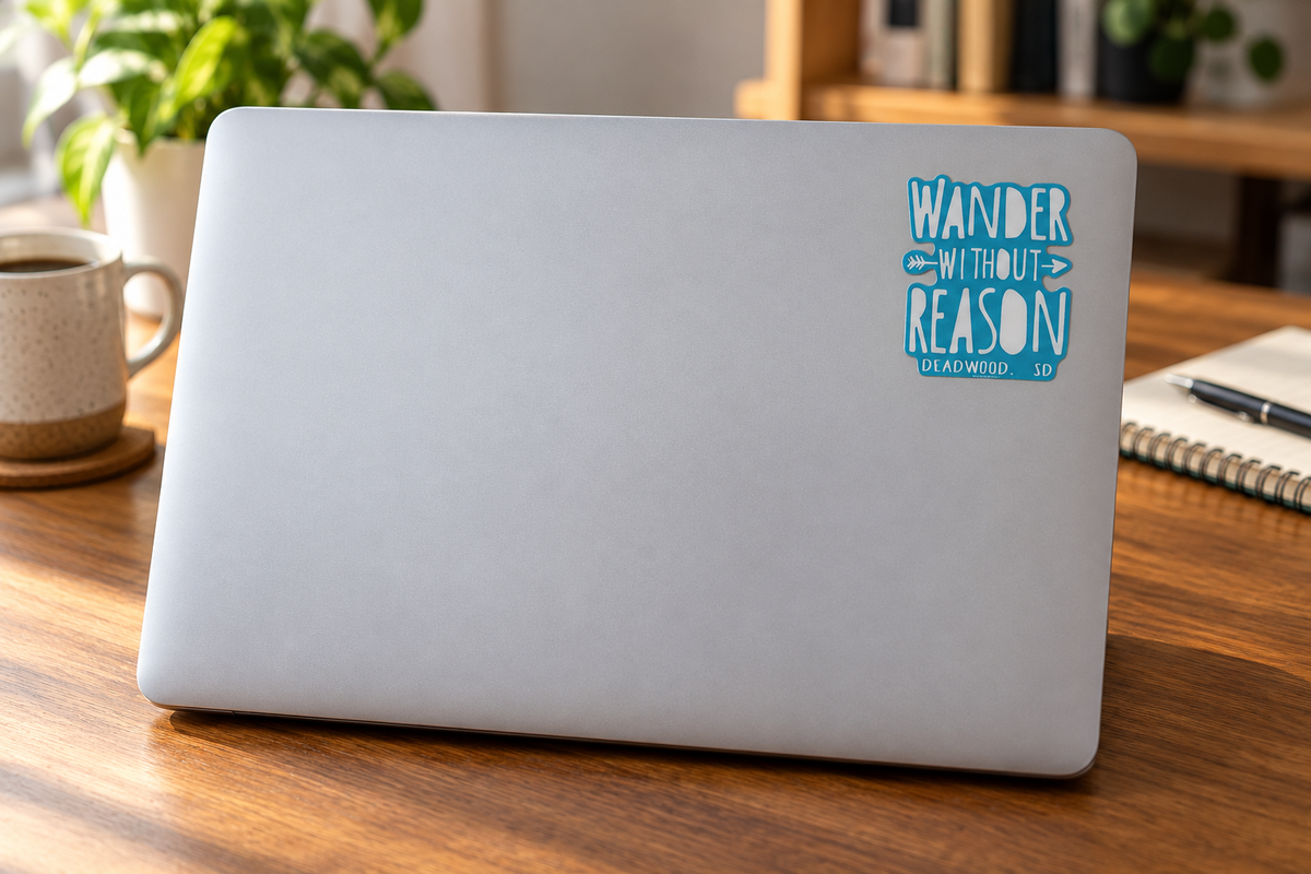 Deadwood Wander Without Reason Sticker on a laptop cover at realistic scale