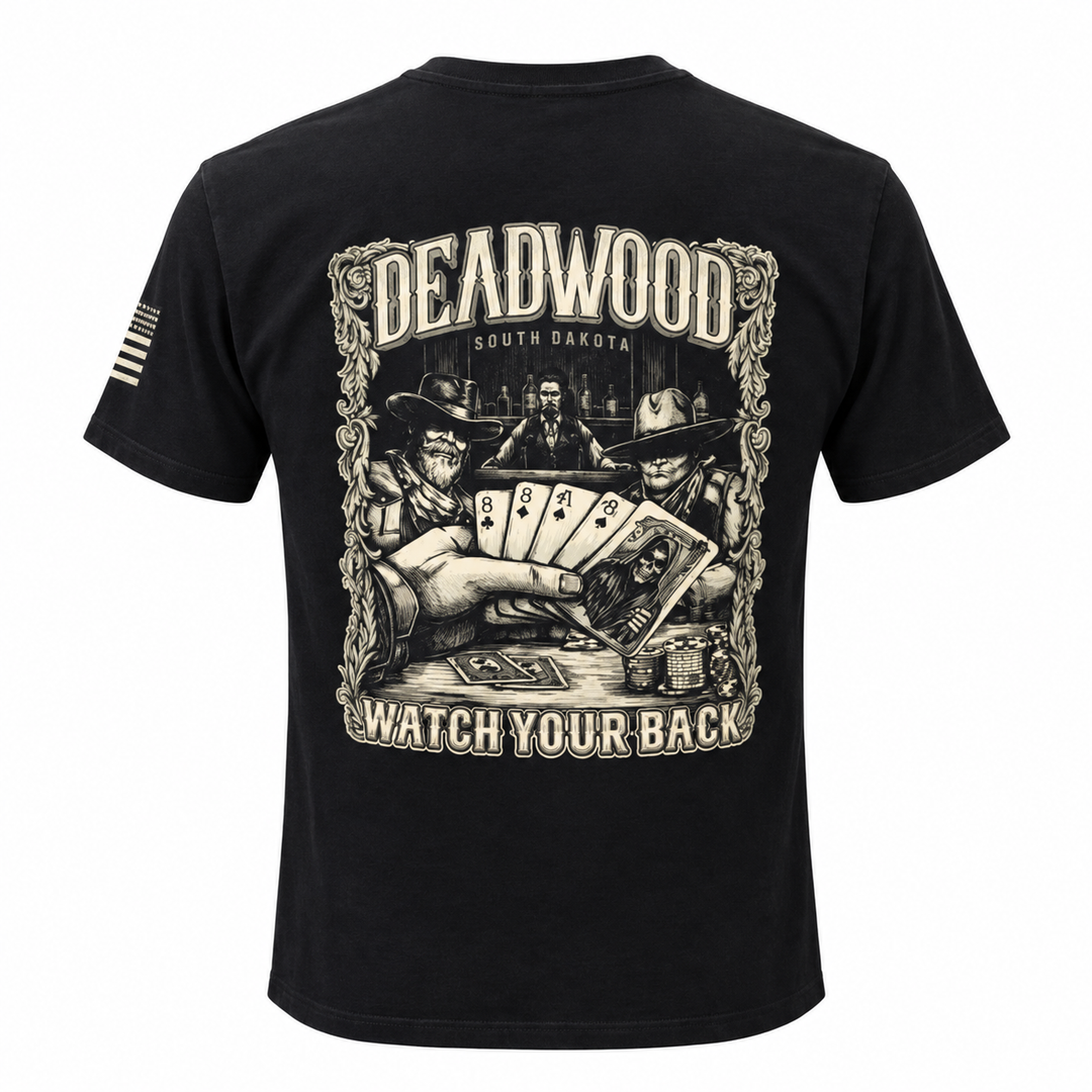 Black Deadwood Wild Bill Watch Your Back T-shirt, back view