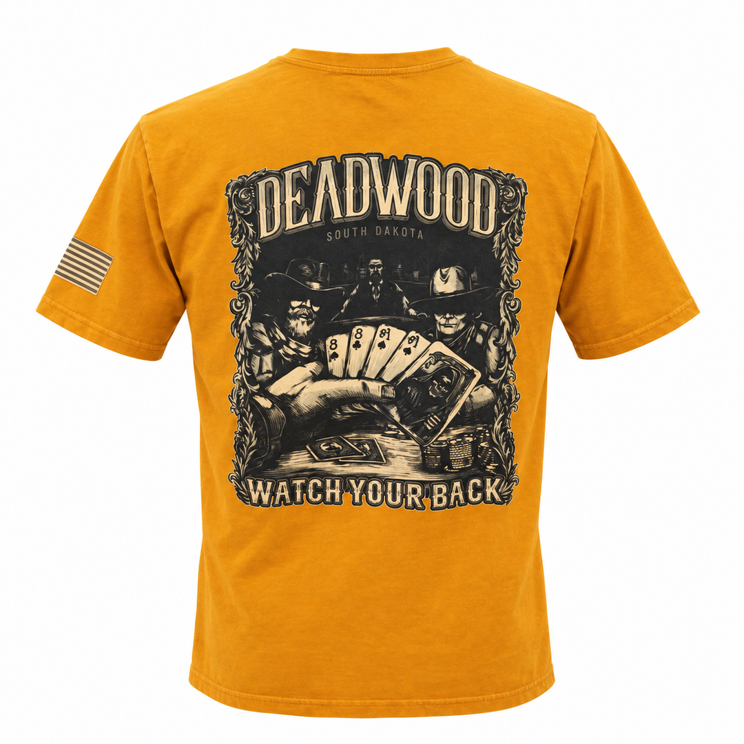 Mustard Deadwood Wild Bill Watch Your Back T-shirt back view