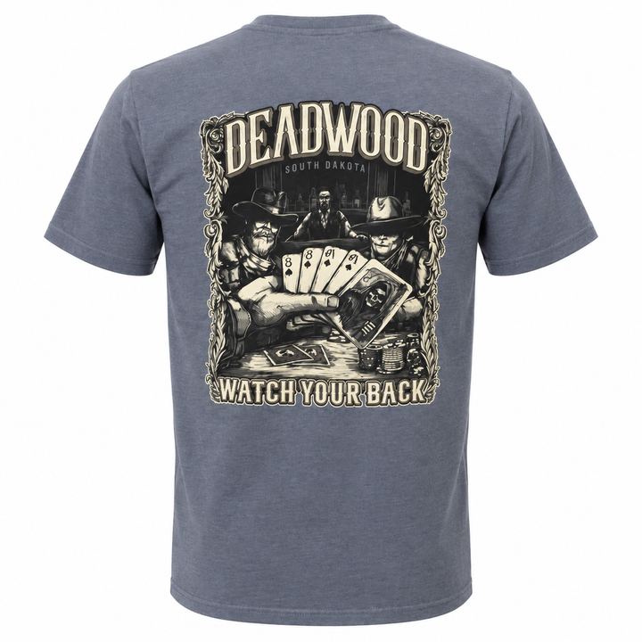 Slate gray Deadwood Wild Bill Watch Your Back T-shirt, back view