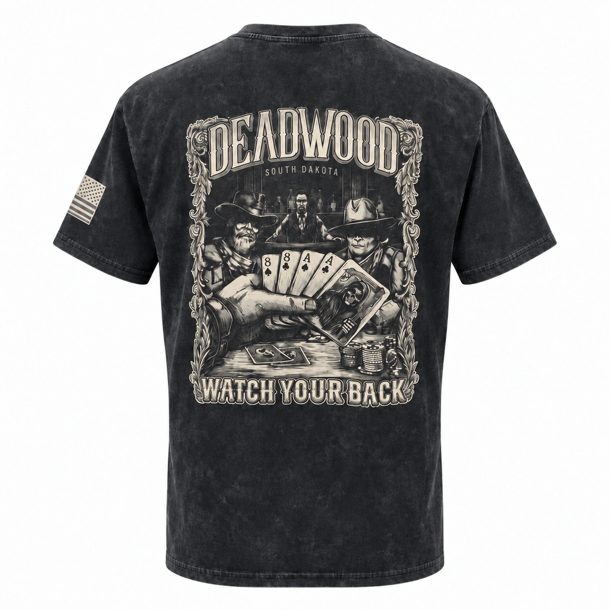 Washed black Deadwood Wild Bill Watch Your Back T-shirt poker scene back
