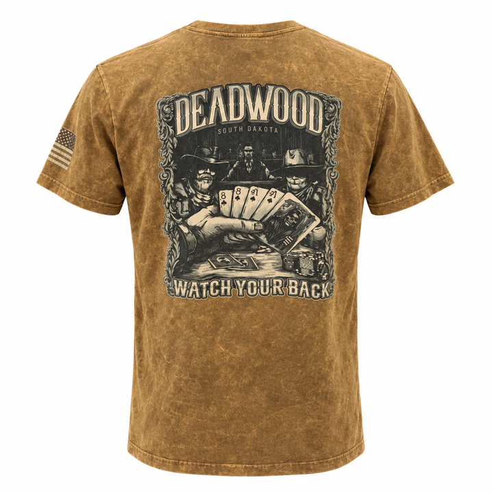 Washed brown Deadwood Wild Bill Watch Your Back T-shirt poker scene back