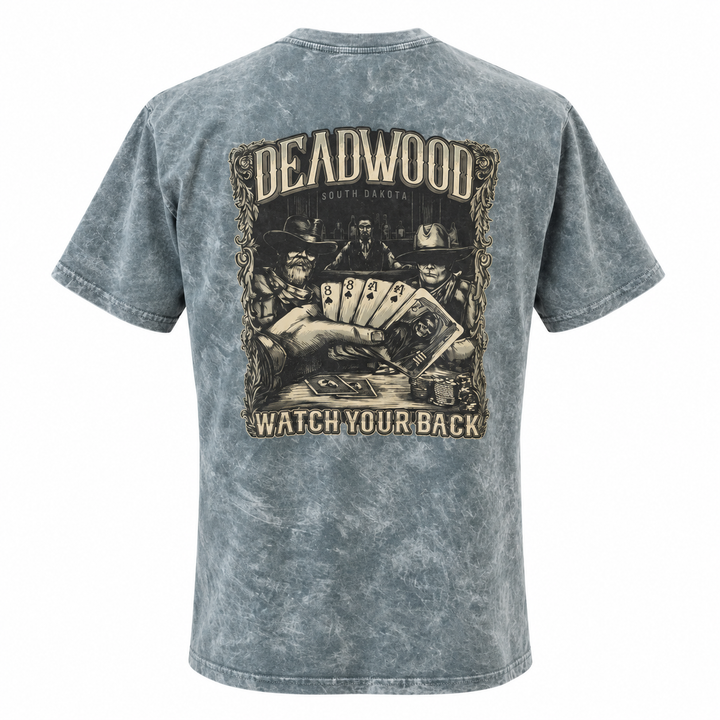 Washed gray Deadwood Wild Bill Watch Your Back T-shirt, back view