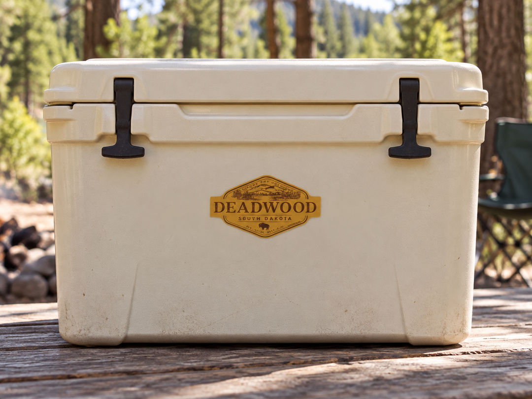 Deadwood Where the West Lives Gold Badge Sticker on a camping cooler at realistic scale