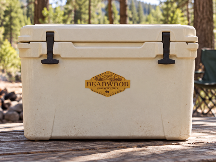 Deadwood Where the West Lives Gold Badge Sticker on a camping cooler at realistic scale