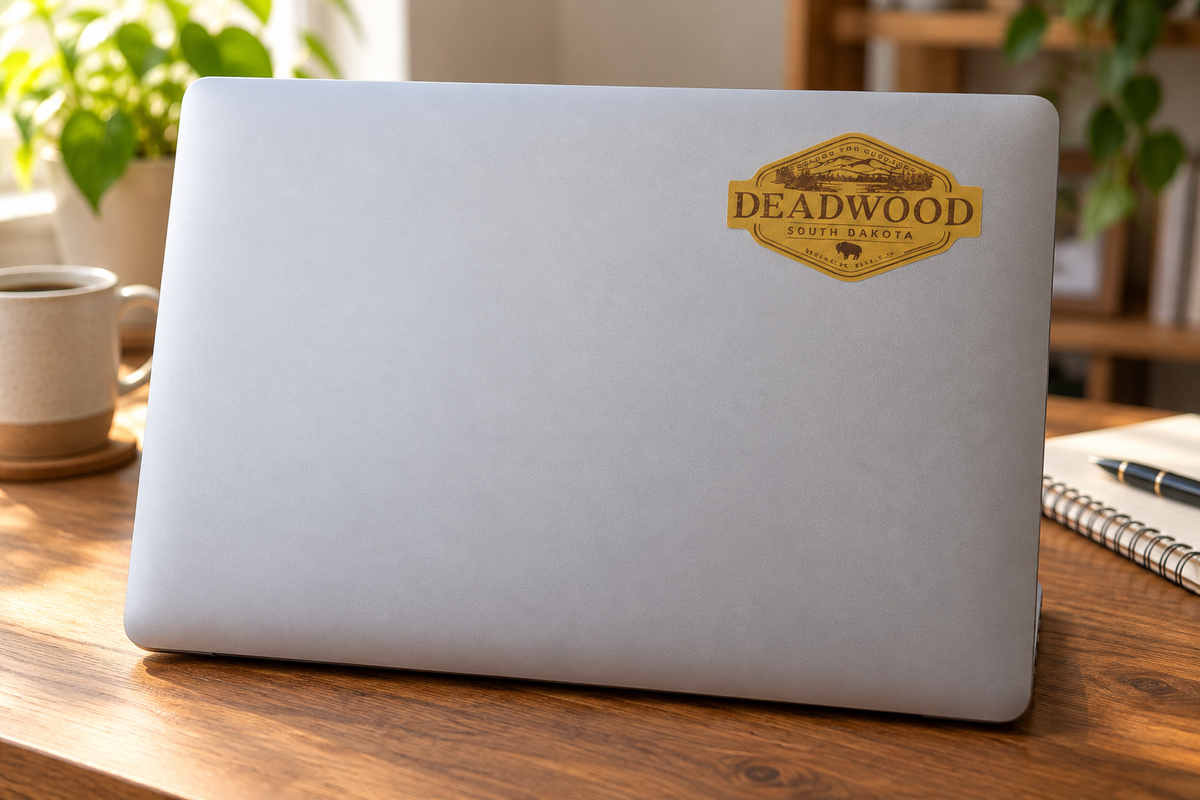 Deadwood Where the West Lives Gold Badge Sticker on a laptop cover at realistic scale