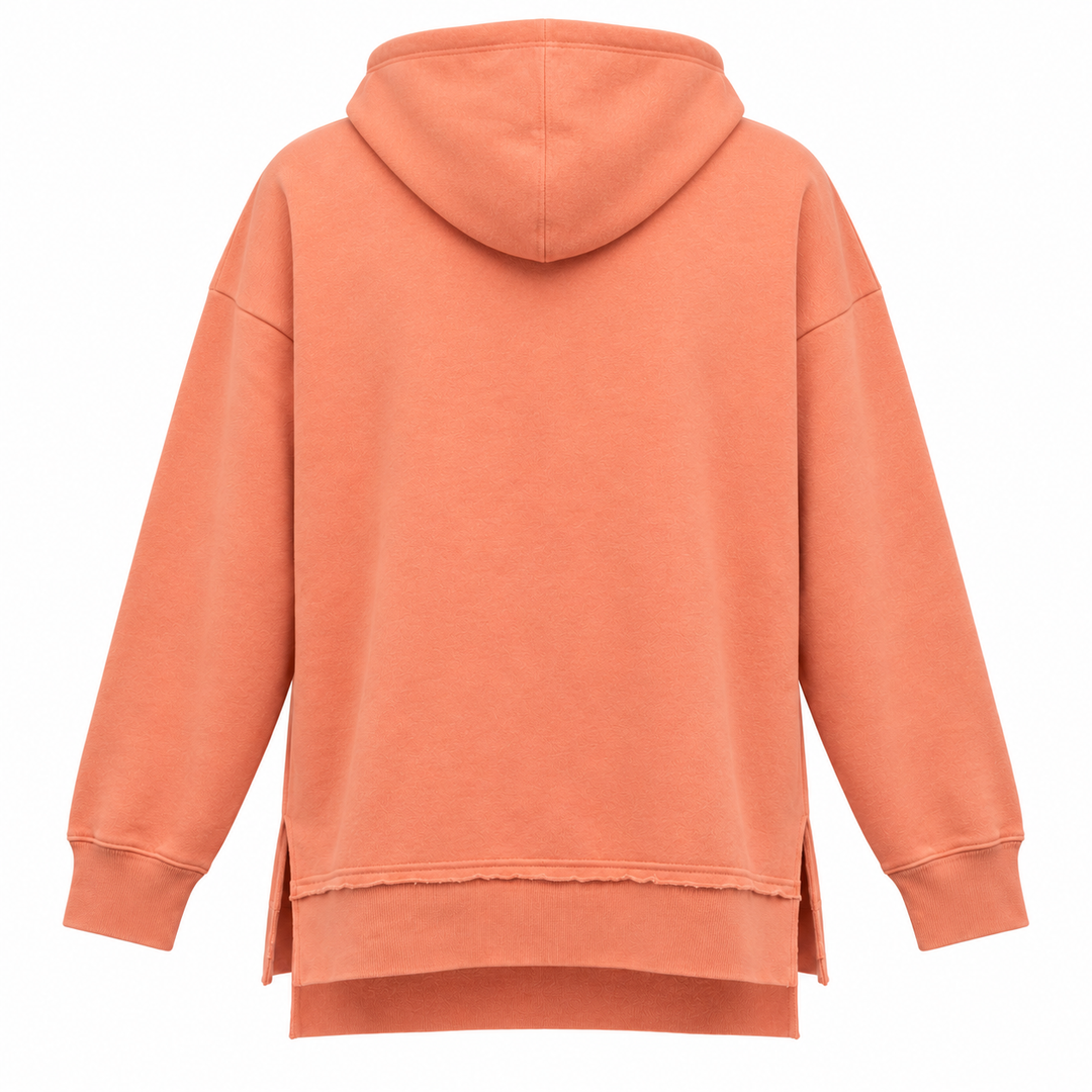 Coral orange Deadwood white applique split-hem hoodie — plain back with side-slit hem
