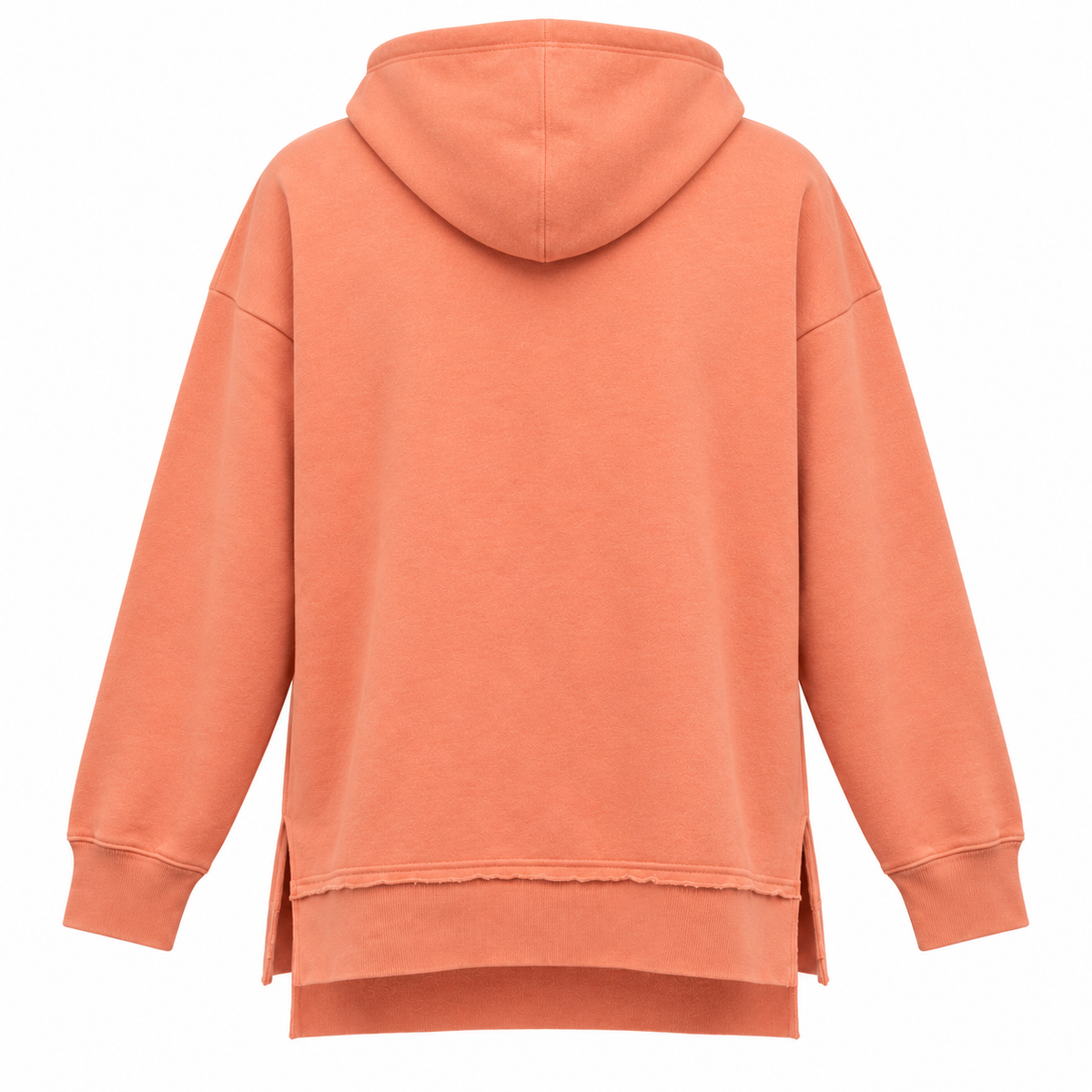 Coral orange Deadwood white applique split-hem hoodie — plain back with side-slit hem