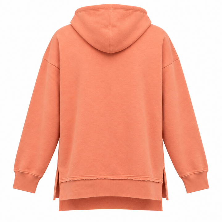 Coral orange Deadwood white applique split-hem hoodie — plain back with side-slit hem