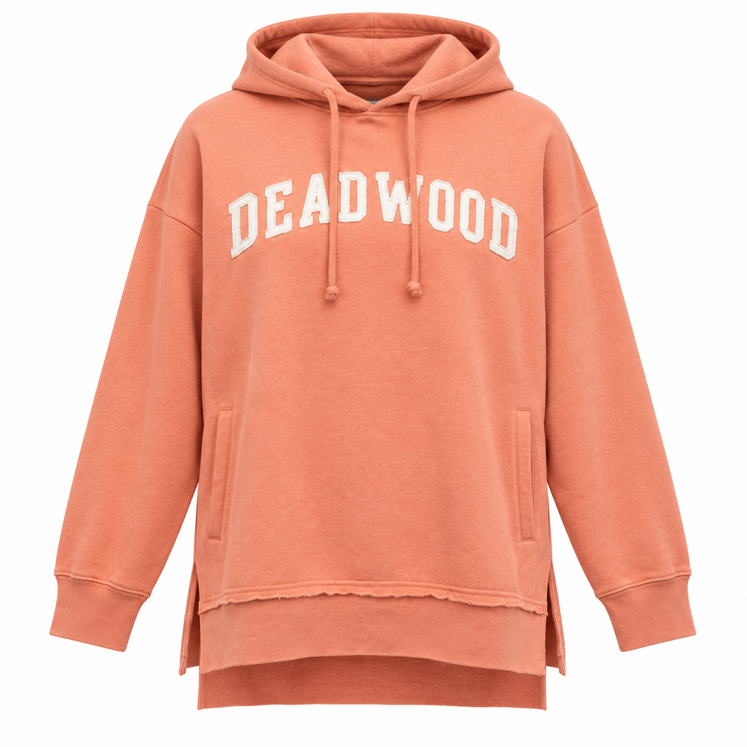 Coral orange Deadwood white applique split-hem hoodie — white Deadwood applique front lettering and split hem