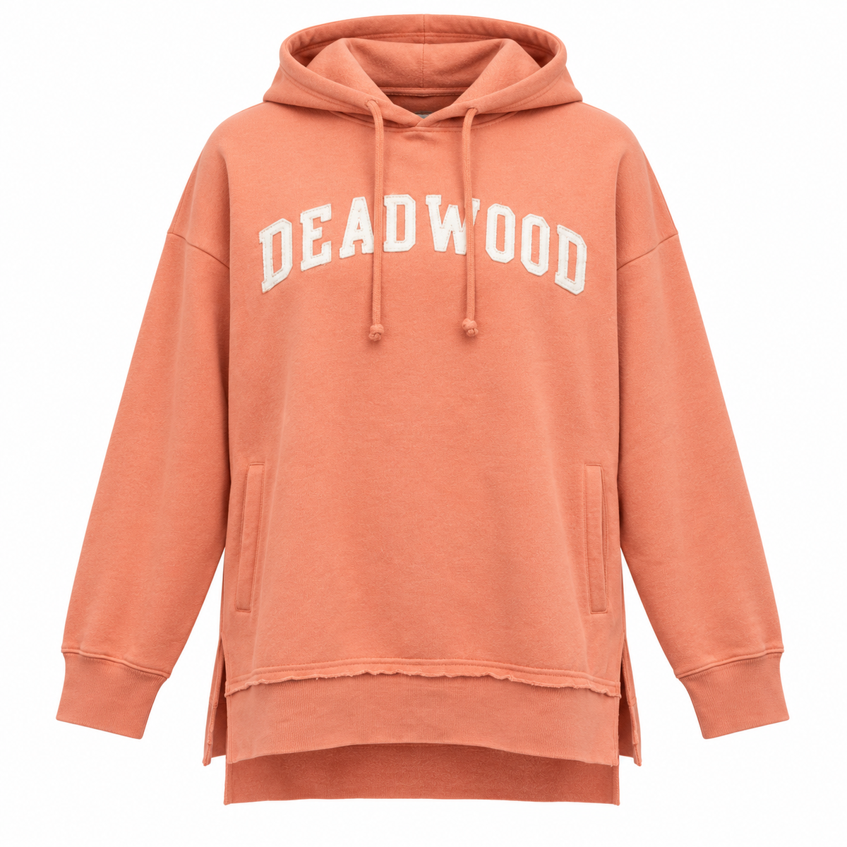 Coral orange Deadwood white applique split-hem hoodie — white Deadwood applique front lettering and split hem