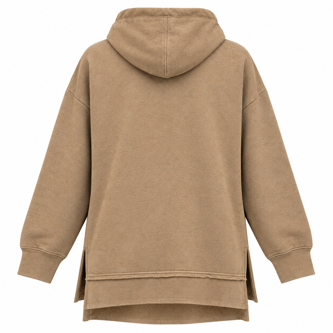 Sand Deadwood white applique split-hem hoodie — plain back and split hem