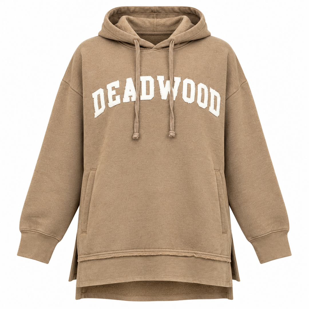 Sand Deadwood white applique split-hem hoodie — front white Deadwood applique lettering and split hem