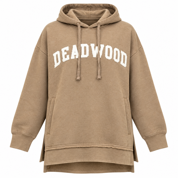Sand Deadwood white applique split-hem hoodie — front white Deadwood applique lettering and split hem