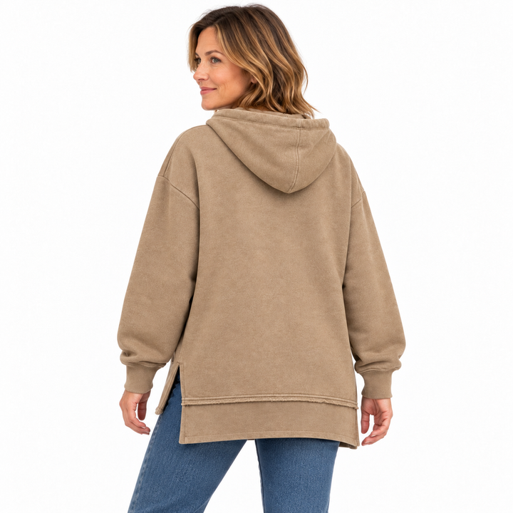 Sand Deadwood white applique split-hem hoodie — back model styling preview showing relaxed split hem
