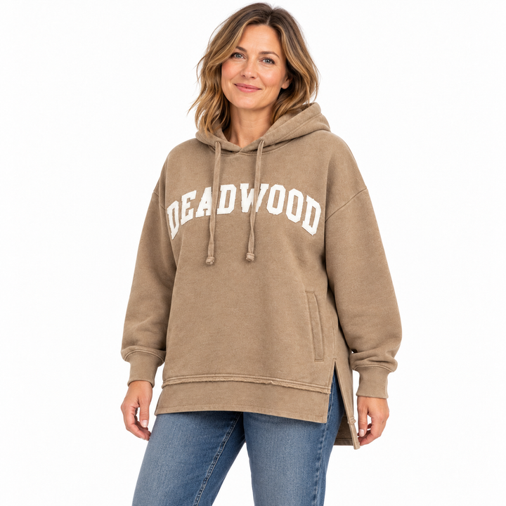 Sand Deadwood white applique split-hem hoodie — front model styling preview showing side slit