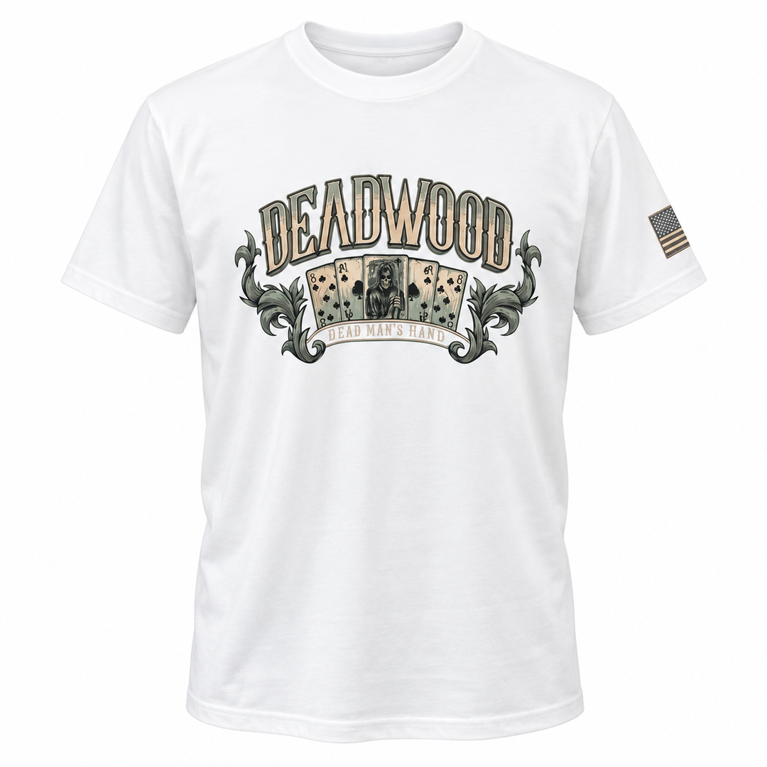 White Deadwood Wild Bill T-shirt, front Dead Man’s Hand design