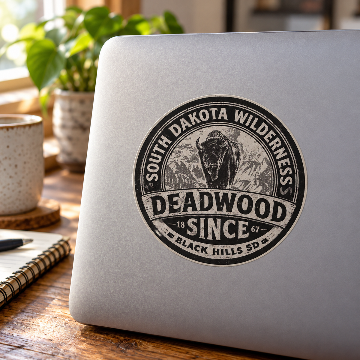 Deadwood Wilderness Bison Round Sticker on a laptop — lifestyle mockup