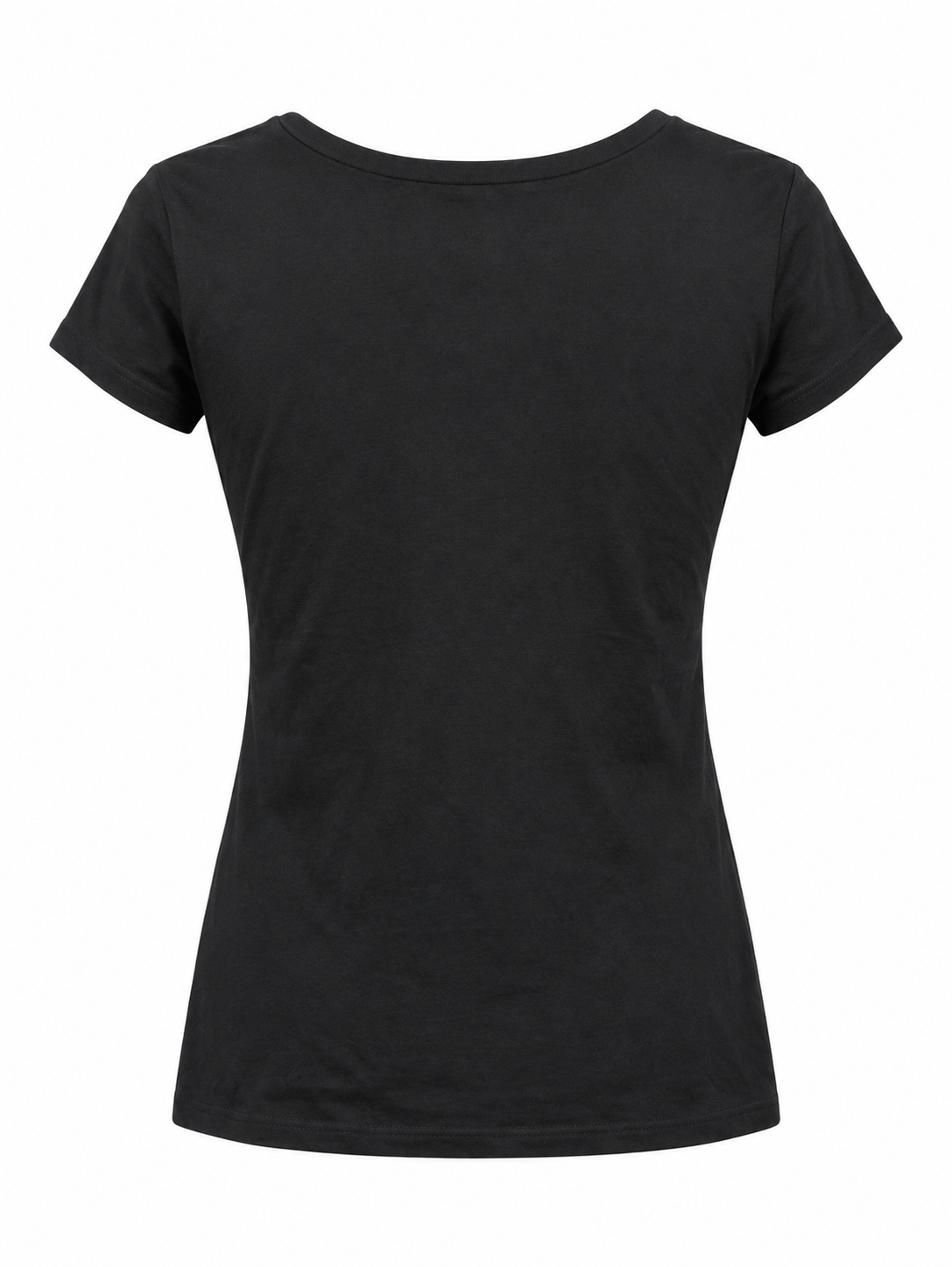 Women's black Deadwood scoop-neck T-shirt with red and black 3D appliqué — back view