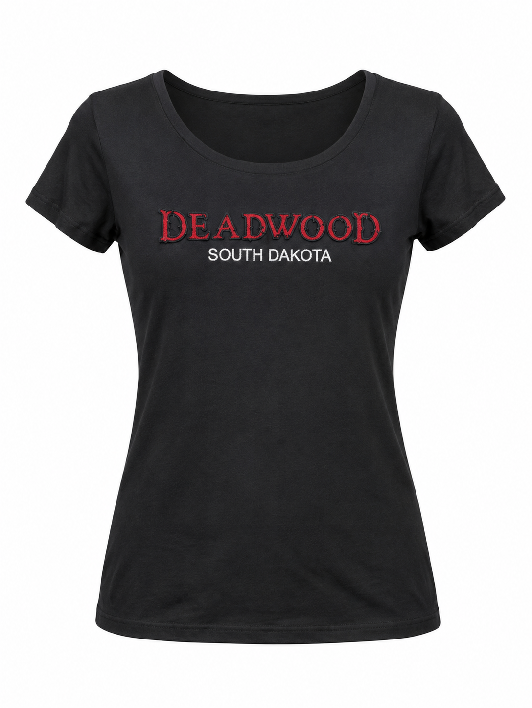 Women's black Deadwood scoop-neck T-shirt with red and black 3D appliqué — front view