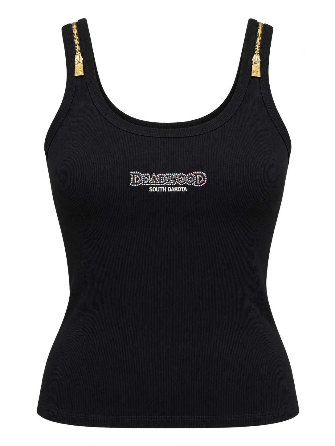 Deadwood Women's Rhinestone Zipper-Strap Tank Top – Black — front view