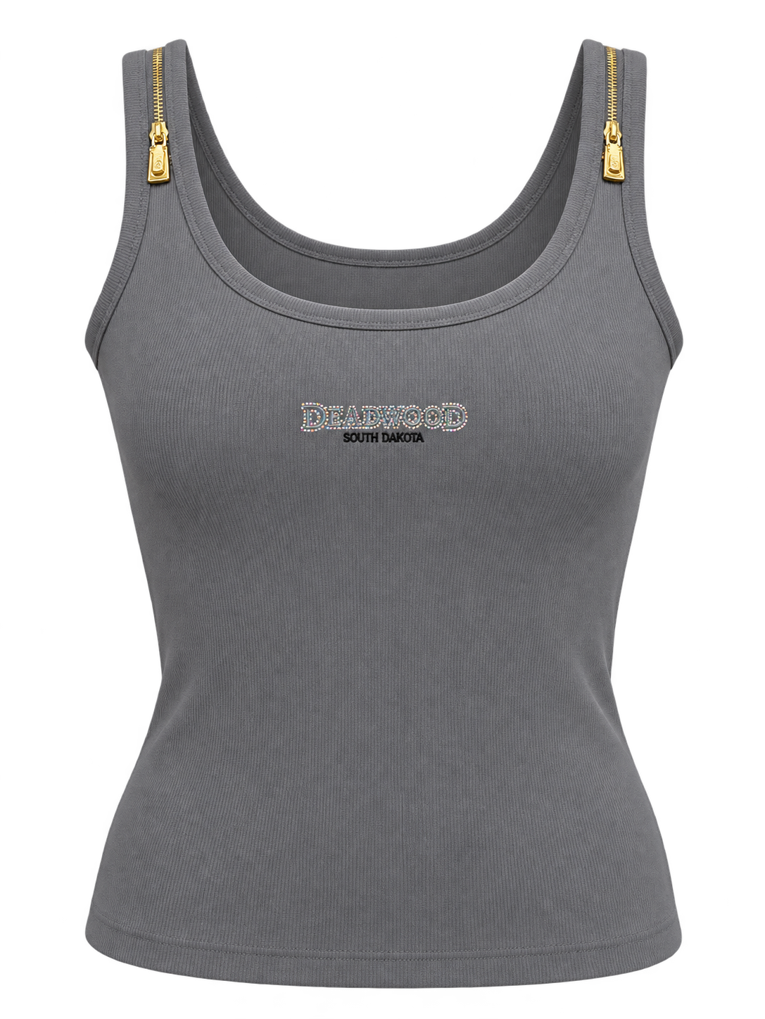 Deadwood Women's Rhinestone Zipper-Strap Tank Top – Grey — front view