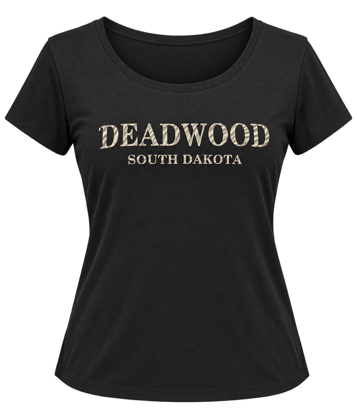 Black Deadwood women's wavy lettering T-shirt, front view