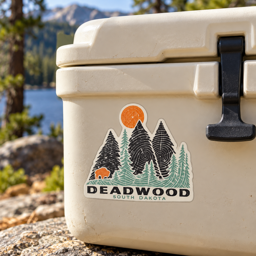 Deadwood Woodgrain Pine Trees &amp; Bison Sticker on a cooler — lifestyle display mockup; accessories not included