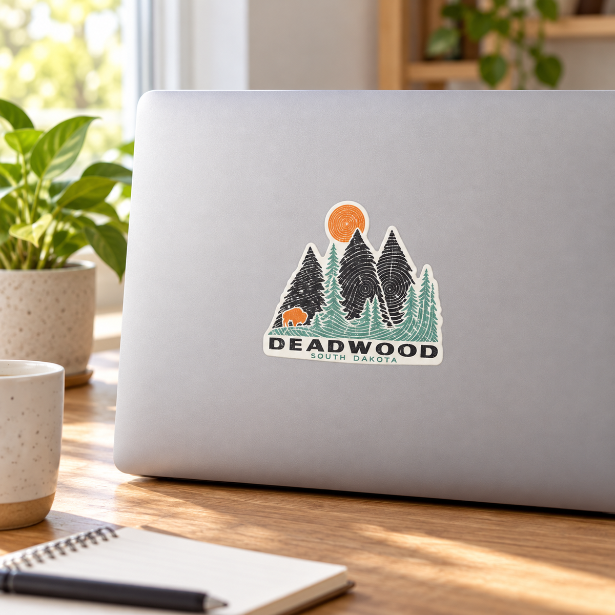 Deadwood Woodgrain Pine Trees & Bison Sticker on a laptop — lifestyle display mockup; accessories not included