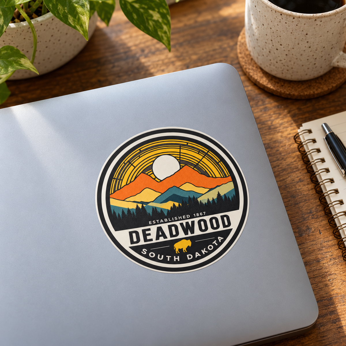 Deadwood Mountain Sunset & Buffalo Sticker shown on a laptop — lifestyle mockup