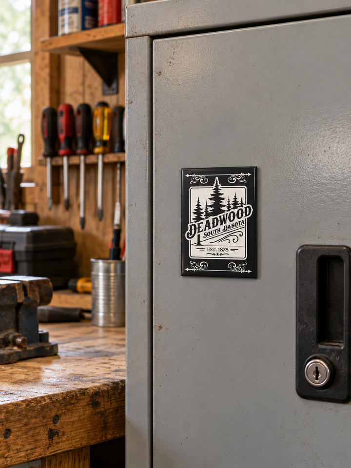 Deadwood Pine Forest Souvenir Magnet – South Dakota, displayed on a steel tool cabinet in a home garage