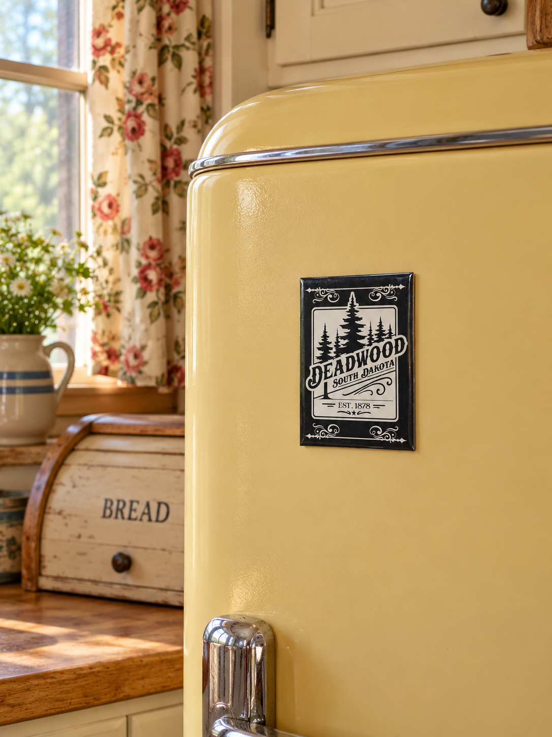 Deadwood Pine Forest Souvenir Magnet – South Dakota, displayed on a magnetic refrigerator in a vintage kitchen