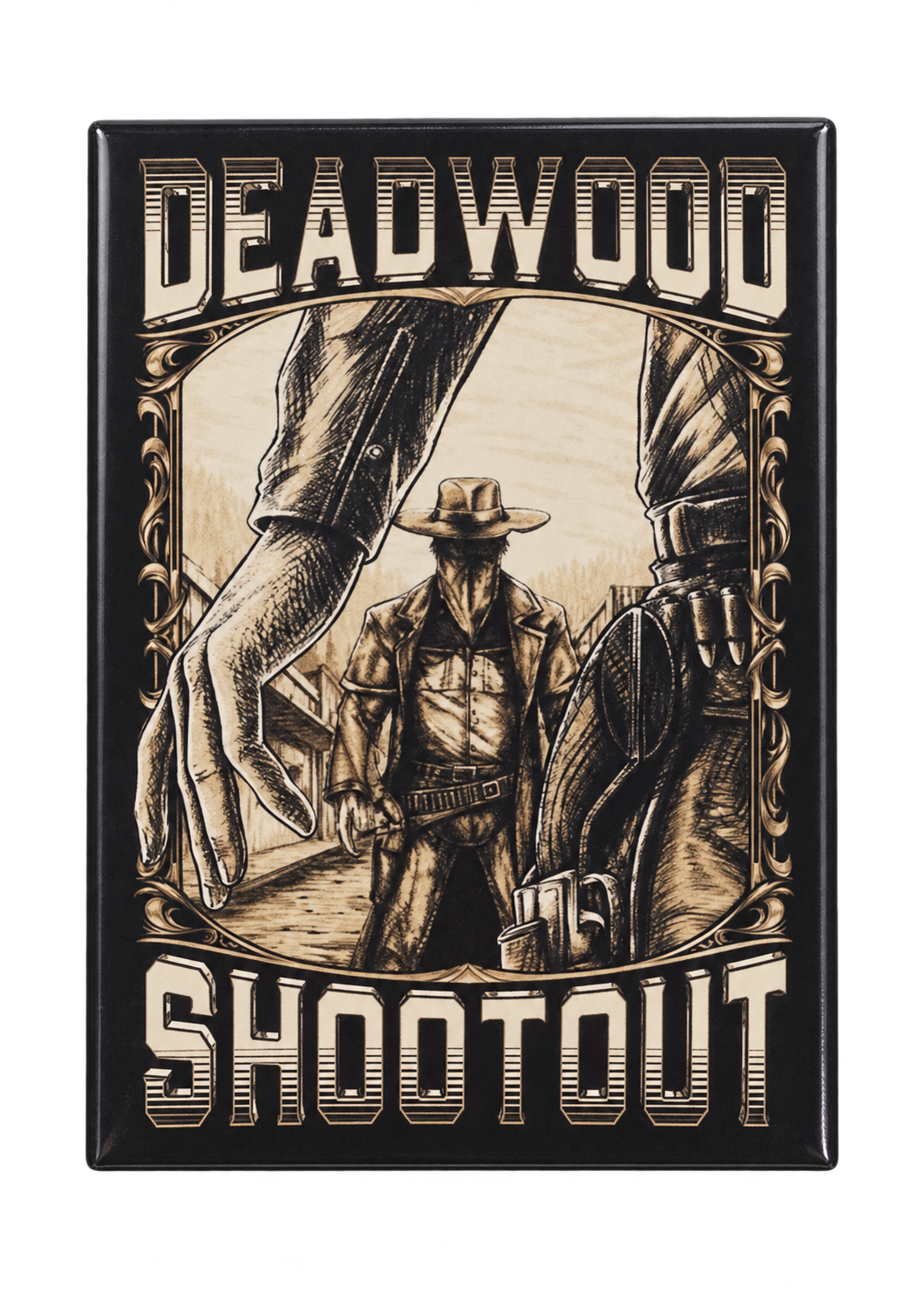 Deadwood Shootout Western Souvenir Magnet, straight front view with background removed