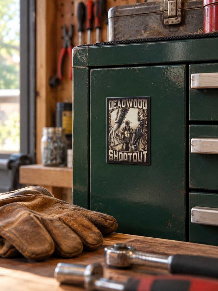 Deadwood Shootout Western Souvenir Magnet, displayed on a steel tool cabinet in a home garage