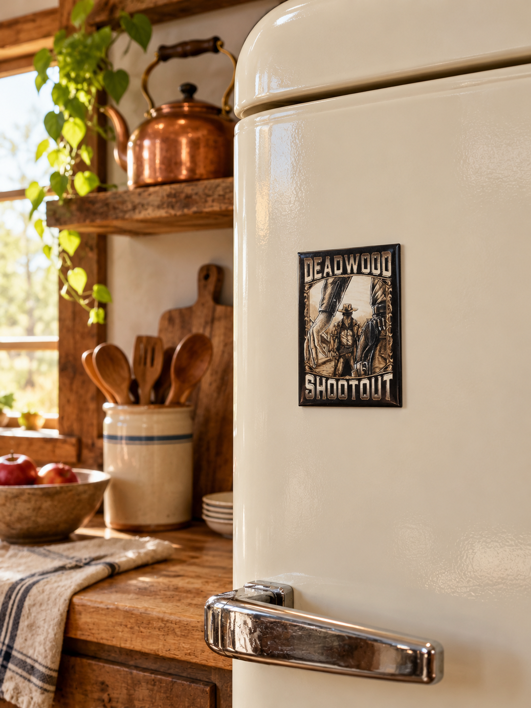 Deadwood Shootout Western Souvenir Magnet, displayed on a magnetic refrigerator in a vintage kitchen