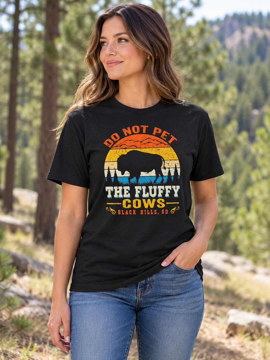 Do Not Pet the Fluffy Cows Black Hills T-shirt in black — female model