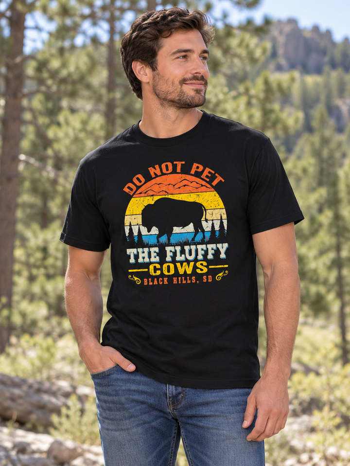 Do Not Pet the Fluffy Cows Black Hills T-shirt in black — male model