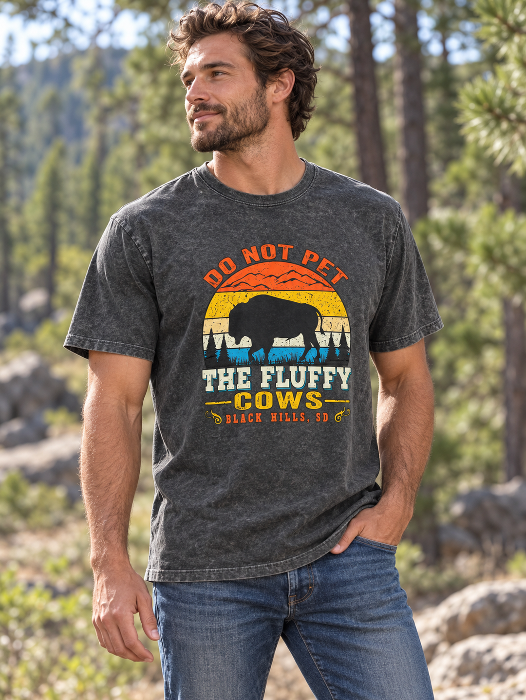 Do Not Pet the Fluffy Cows Black Hills T-shirt in washed black — male model