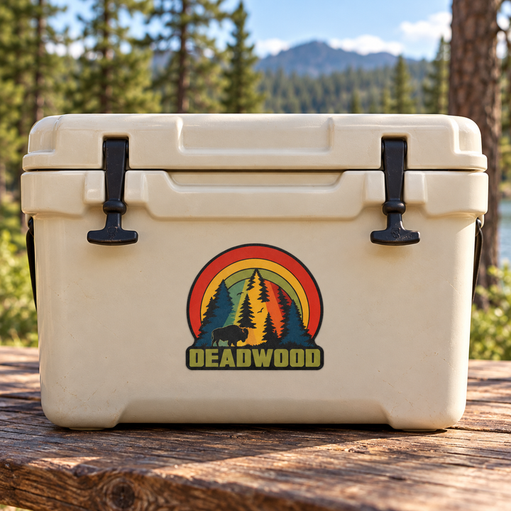 Deadwood Retro Rainbow Forest &amp; Buffalo Sticker on a cooler — display mockup