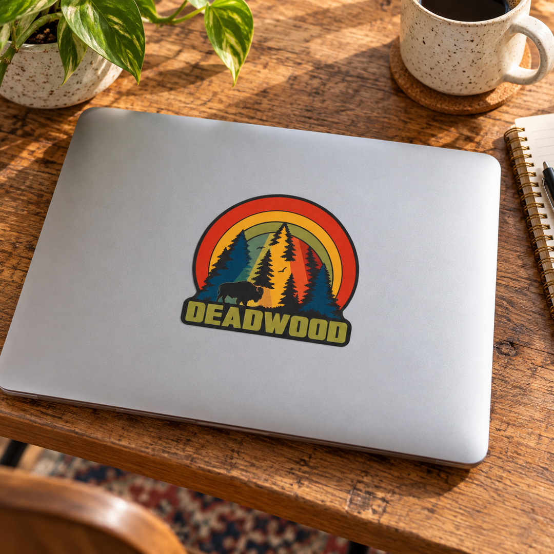 Deadwood Retro Rainbow Forest &amp; Buffalo Sticker on a laptop — display mockup