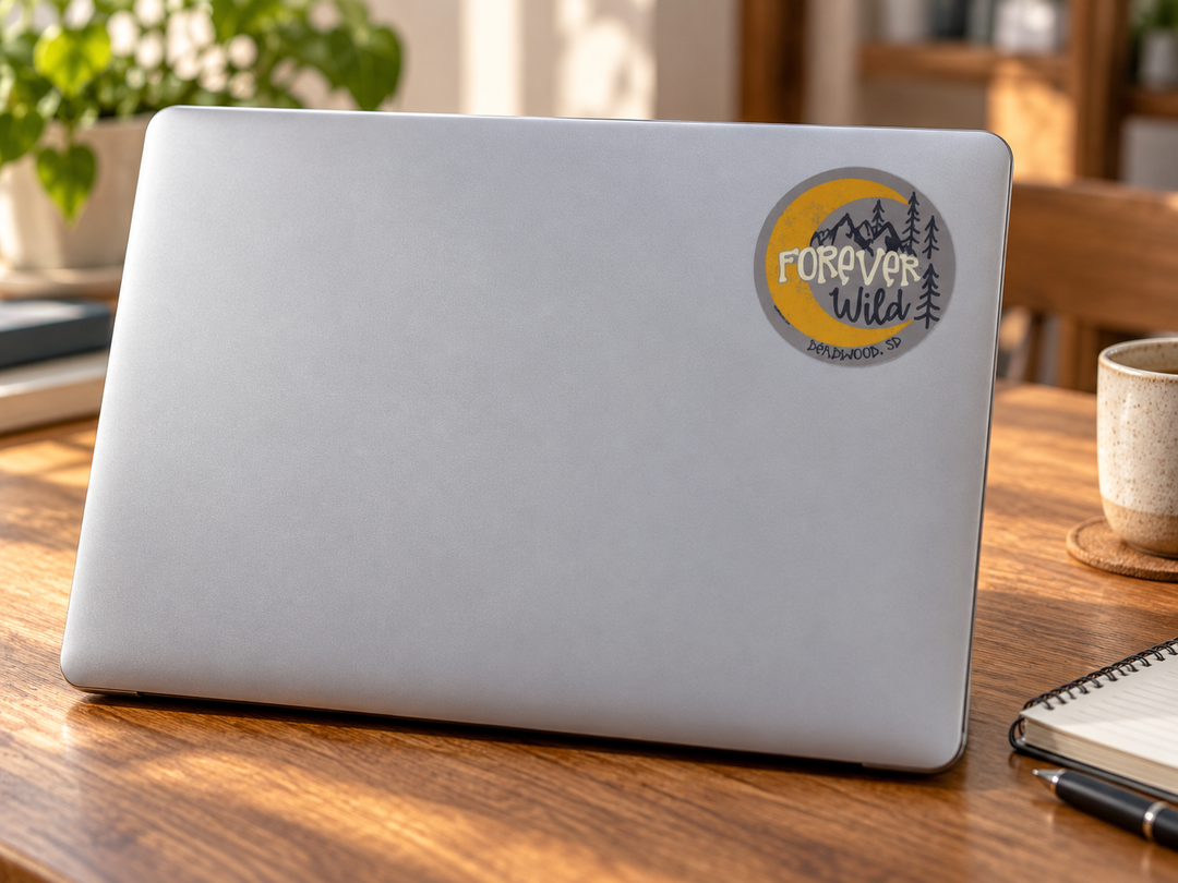 Forever Wild Mountain &amp; Pines Round Sticker – Grey &amp; Yellow on a laptop cover at realistic scale
