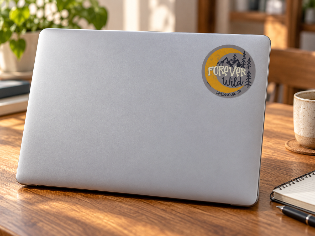 Forever Wild Mountain & Pines Round Sticker – Grey & Yellow on a laptop cover at realistic scale