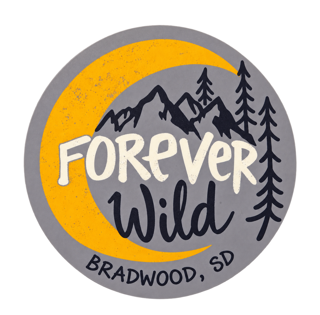 Forever Wild Mountain &amp; Pines Round Sticker – Grey &amp; Yellow — isolated product view