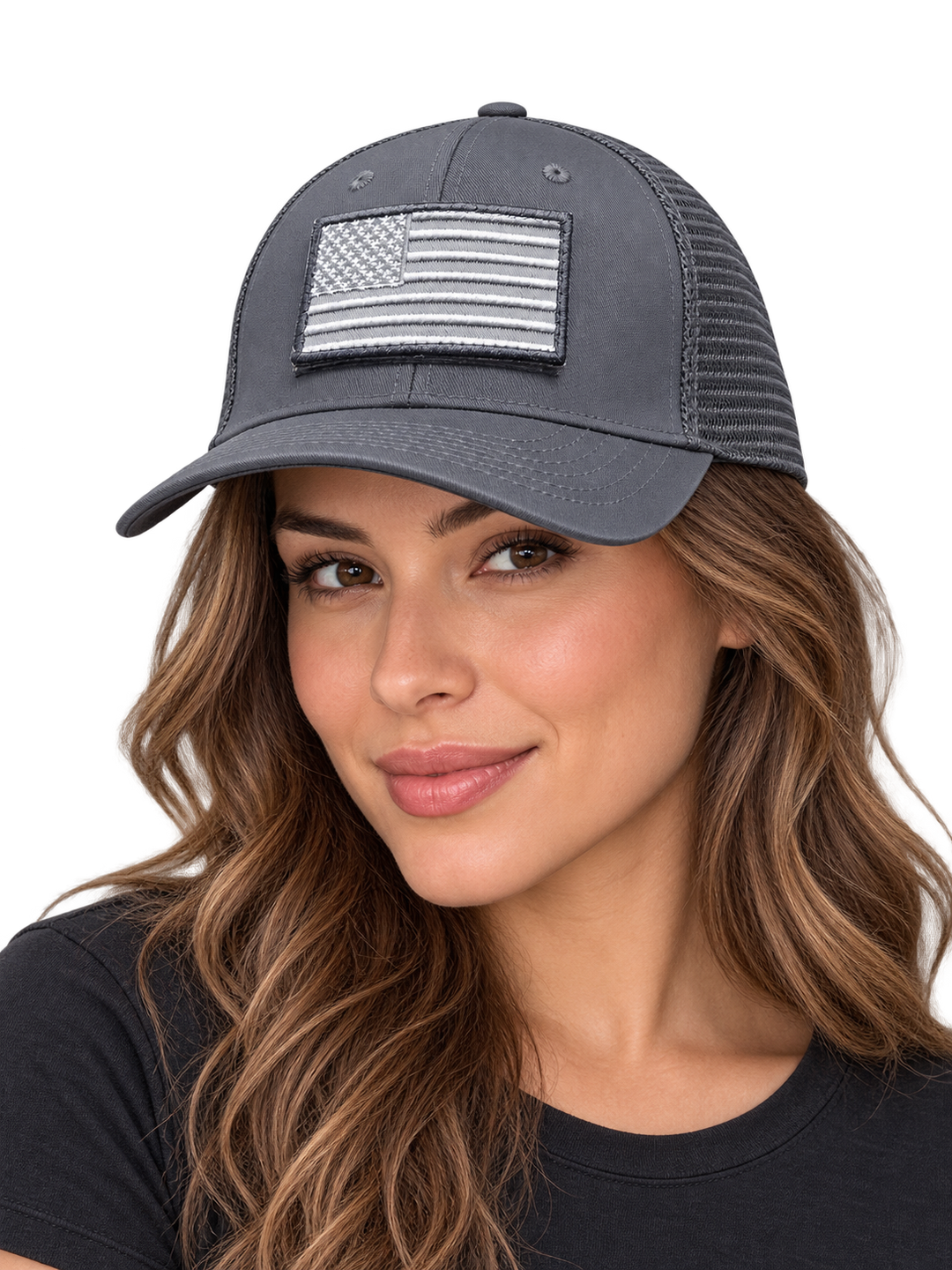 Gray American flag removable patch trucker hat, female model wearing hat (AI-generated)
