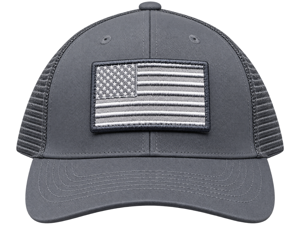 Gray American flag removable patch trucker hat, centered flag, transparent front view