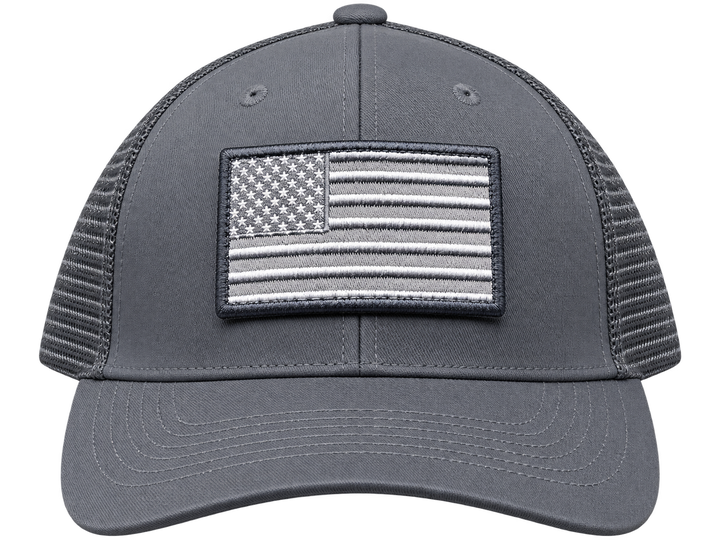 Gray American flag removable patch trucker hat, centered flag, transparent front view